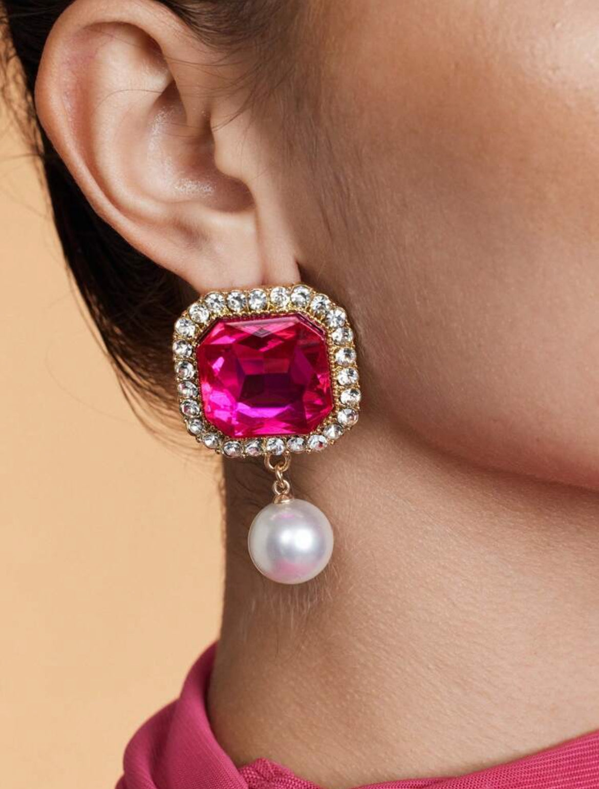 Claw Chain Square Alloy Cubic Zirconia & Faux Pearl Drop Earrings