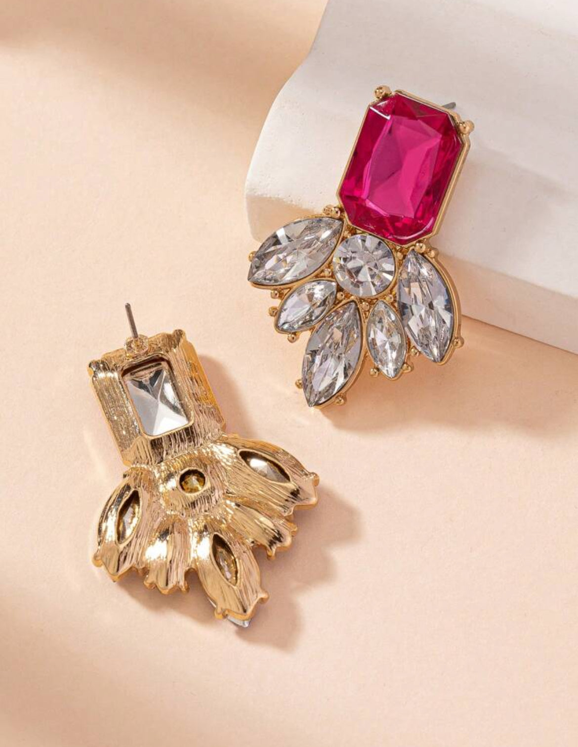 Fuchsia Gemstone Geometric Flower Elegant Earrings