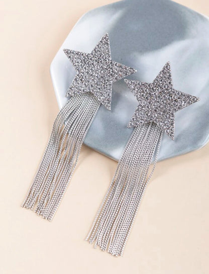 Fashionable Rhinestone Pentagram Chain Tassel Reversible Silver Luxury Earrings, Elegant Jewelry Gift For Party