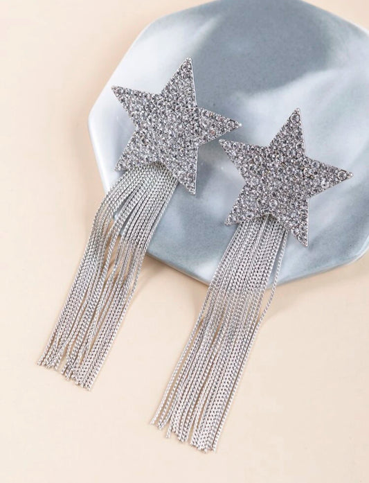 Fashionable Rhinestone Pentagram Chain Tassel Reversible Silver Luxury Earrings, Elegant Jewelry Gift For Party