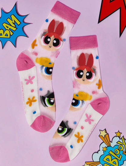 THE POWERPUFF GIRLS 2 Pairs Super Thin Cartoon Heart & Polka Dot Pattern Socks Crystal Stockings For Women, Breathable & Soft, Suitable For Spring & Summer Daily Wear,Y2K