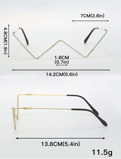 Metal Frame Decorative Hollow Shape, Rhinestone Inlay Shiny Eyeglasses Without Lens