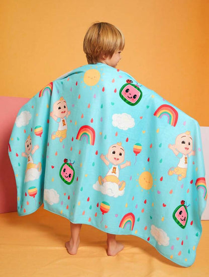 CoComelon Cartoon Character & Rainbow Patterned Kids Blue Bath Towel