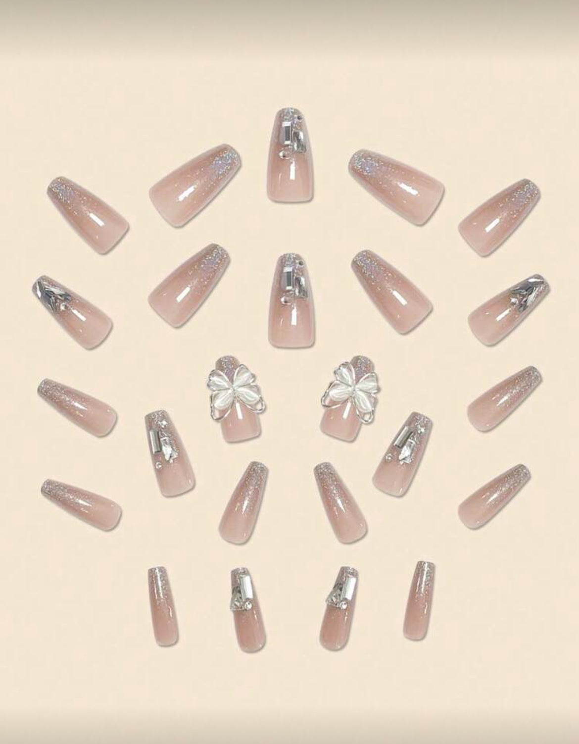 24pcs Long Coffin 3D Butterfly Rhinestone Decor Full Cover Fake Nail Kit Press On Nails