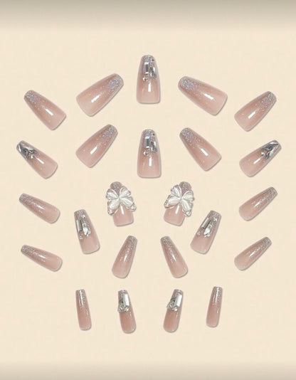 24pcs Long Coffin 3D Butterfly Rhinestone Decor Full Cover Fake Nail Kit Press On Nails