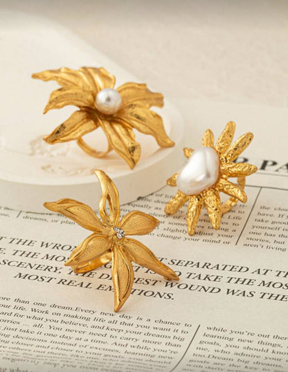 3 Pcs Golden Color Chunky Flower Rings Set For Women Spring Floral Ring Summer Boho Jewelry