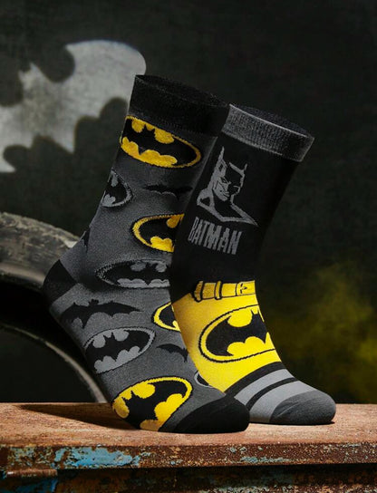 BATMAN 2 Pairs Hero And Bat Logo Pattern Colorblock Crew Socks,Suitable For All Seasons, Unisex,Men,Women, Cool Socks, Graphics Socks