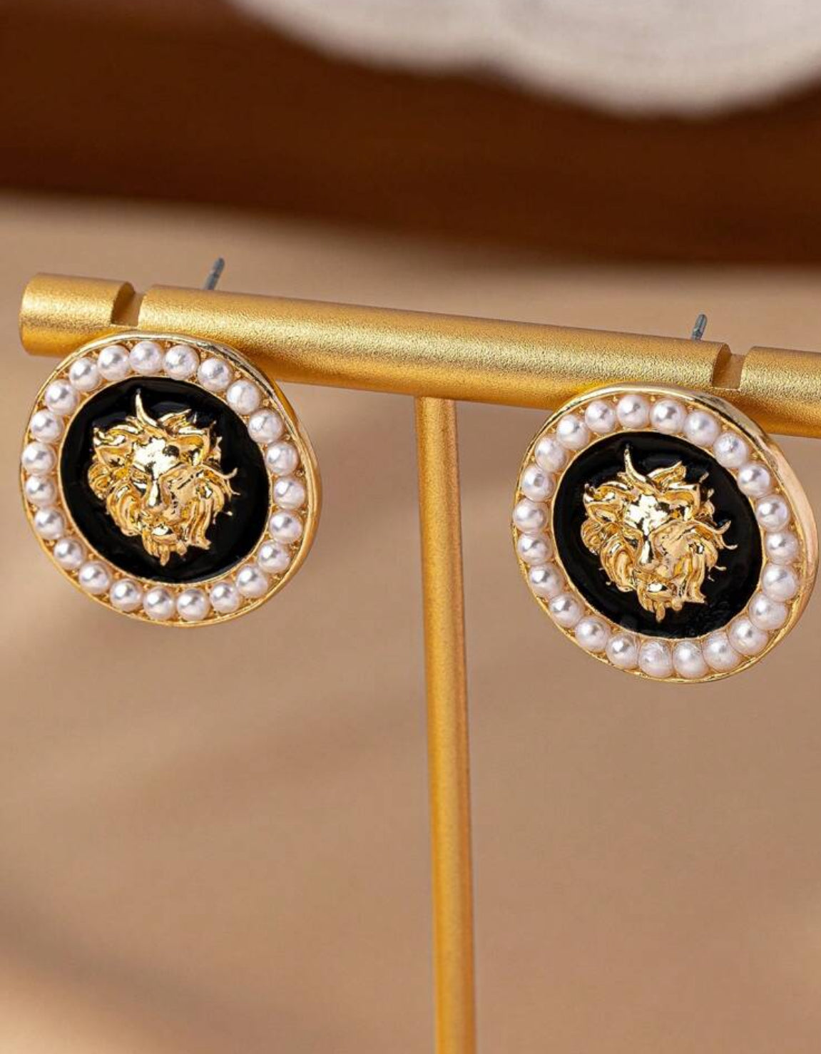 Lion Head And Pearl Stud Earrings For Women