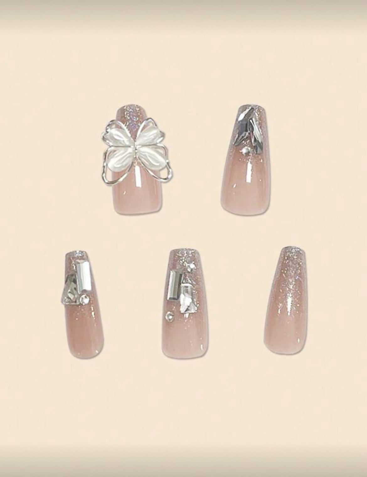 24pcs Long Coffin 3D Butterfly Rhinestone Decor Full Cover Fake Nail Kit Press On Nails