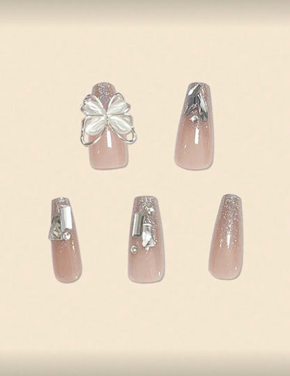 24pcs Long Coffin 3D Butterfly Rhinestone Decor Full Cover Fake Nail Kit Press On Nails