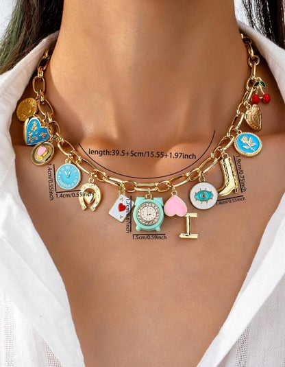Enameled Cherry Heart Multiple Charms Necklace