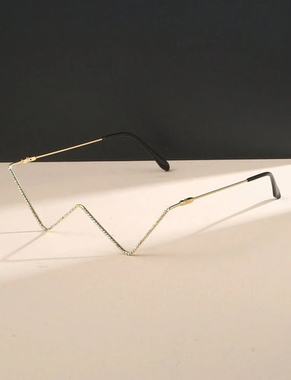 Metal Frame Decorative Hollow Shape, Rhinestone Inlay Shiny Eyeglasses Without Lens