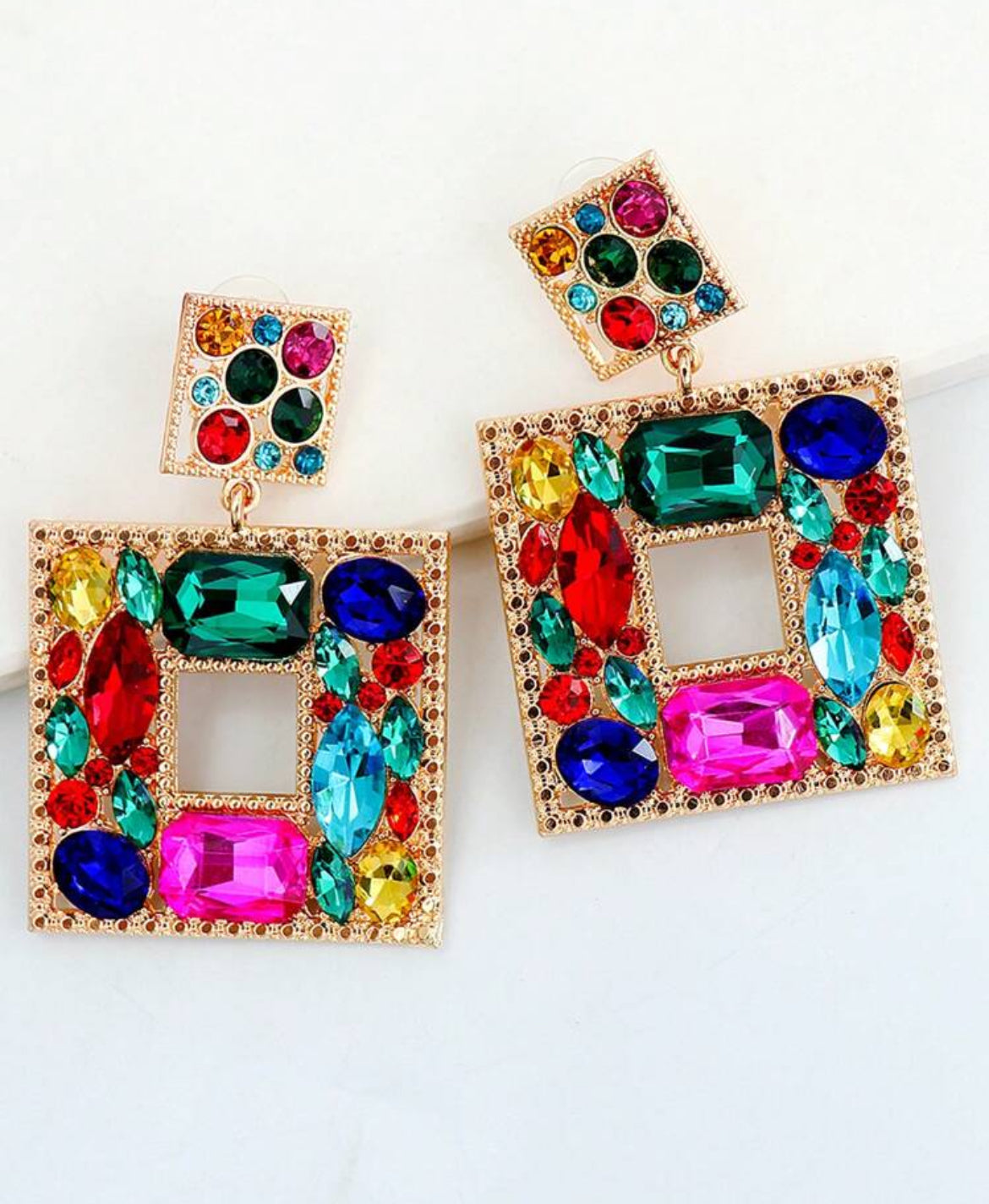 Geometric Crystal Stud Earrings, Suitable For Daily Wear, Vacation, Party - Multi Color