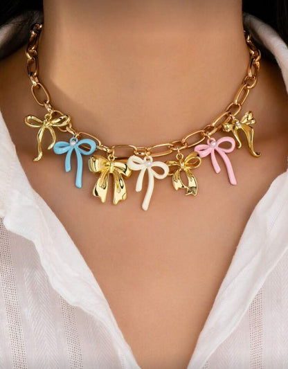 Colorful Bow Charm Necklace , American European Multi Charms Necklaces Jewelry , Collarbone Chain Necklaces With Bows Pendant , Fashionable Jewelry For Daily Wear