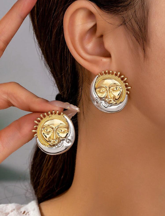 Metal Geometric Sunflower Smiling Face Moon Design Earrings