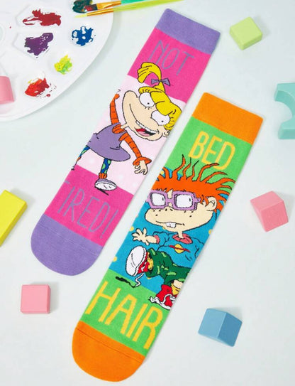 Nick 90s 2 pair Set 90s Asymmetrical Cartoon Graphic Crew Socks