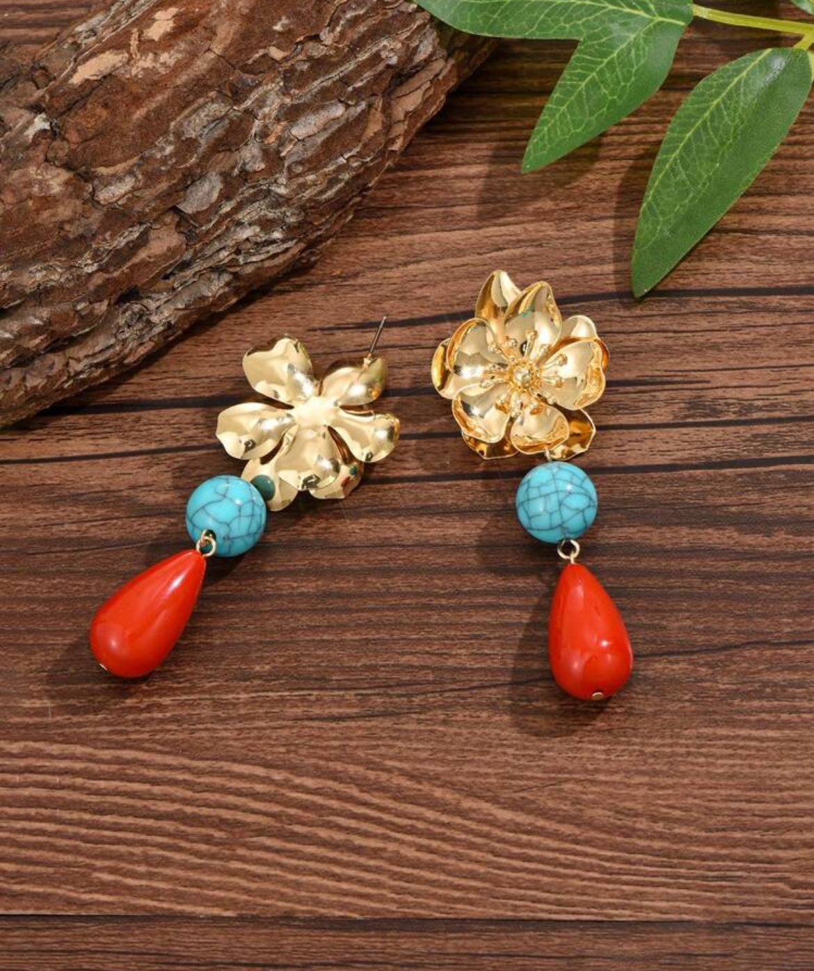 Vintage Bohemian Metal Flower Petal Golden Stamen, Ripple Ceramic Pendant And Asymmetrical Blue Resin Block Combo Earrings