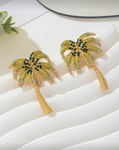 Creative Colorful Metal Rhinestone Palm Tree Style Earrings For Women, Suitable For Vacation