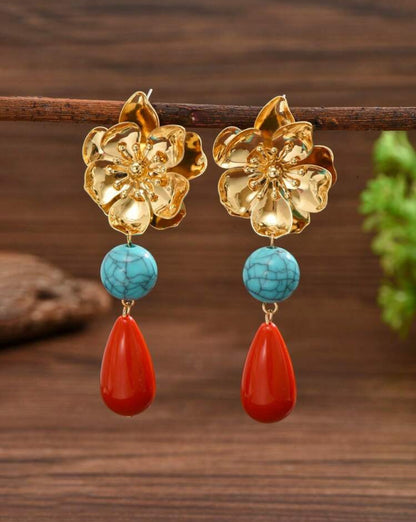 Vintage Bohemian Metal Flower Petal Golden Stamen, Ripple Ceramic Pendant And Asymmetrical Blue Resin Block Combo Earrings