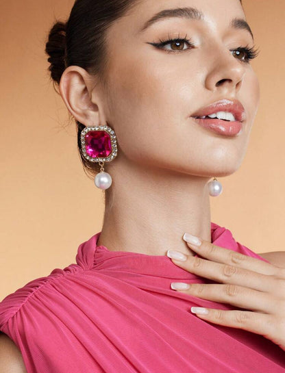 Claw Chain Square Alloy Cubic Zirconia & Faux Pearl Drop Earrings