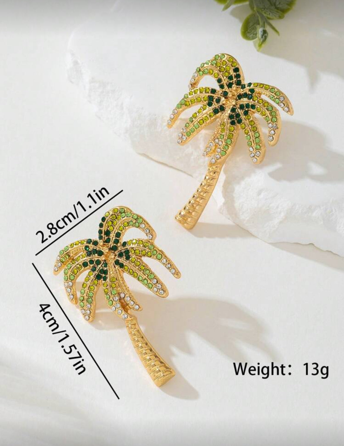 Creative Colorful Metal Rhinestone Palm Tree Style Earrings For Women, Suitable For Vacation