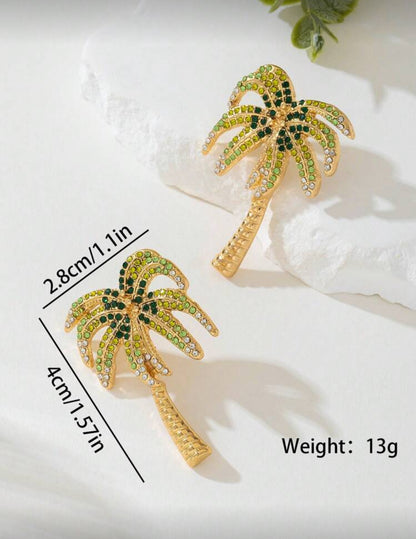Creative Colorful Metal Rhinestone Palm Tree Style Earrings For Women, Suitable For Vacation