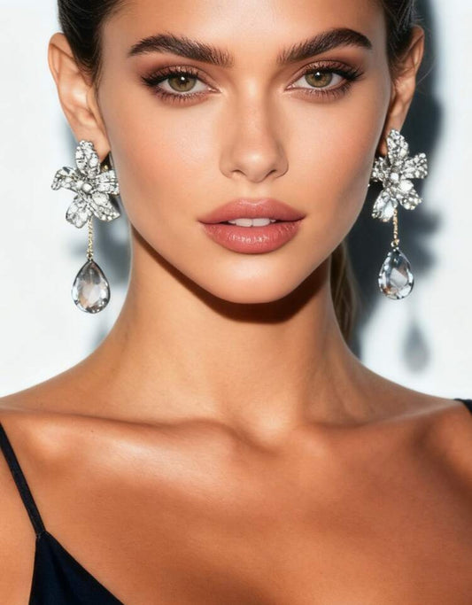 1 Pair Luxury Elegant High-End Floral & Teardrop Rhinestone Pendant Earrings, Versatile Everyday Graceful Earrings For Women