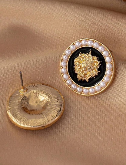Lion Head And Pearl Stud Earrings For Women