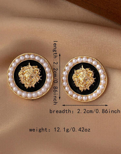 Lion Head And Pearl Stud Earrings For Women