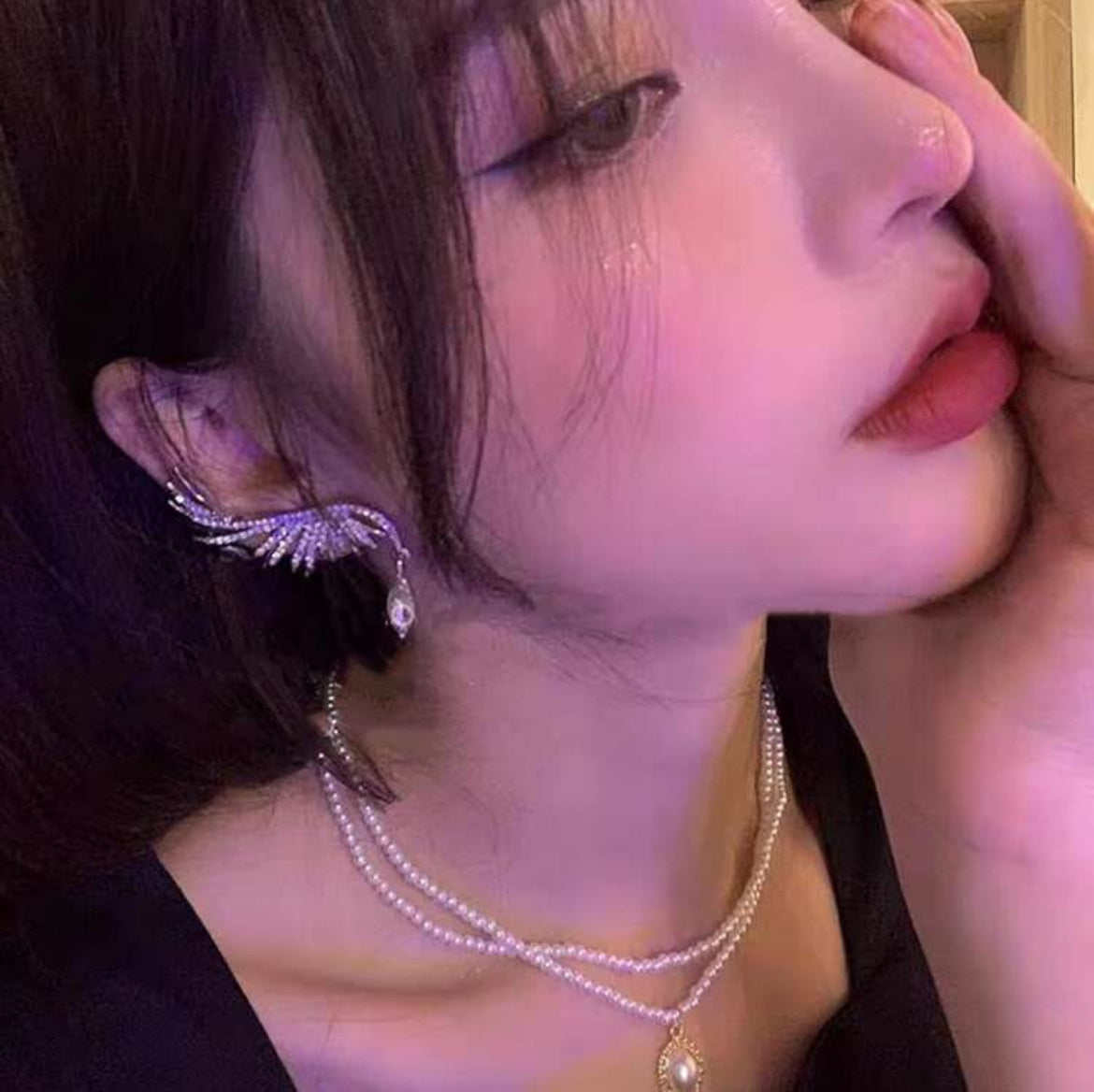 Wing Shaped Ear Cuff & Stud Earrings 2 Way Design, Rhinestone Paved, Silver Plating For Daily Wear For Women