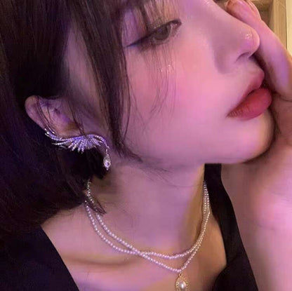Wing Shaped Ear Cuff & Stud Earrings 2 Way Design, Rhinestone Paved, Silver Plating For Daily Wear For Women