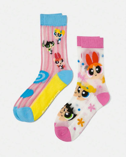 THE POWERPUFF GIRLS 2 Pairs Super Thin Cartoon Heart & Polka Dot Pattern Socks Crystal Stockings For Women, Breathable & Soft, Suitable For Spring & Summer Daily Wear,Y2K