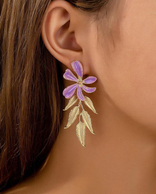Fashionable Floral Leaf Design Earrings For Women, Elegant & Refined Lavender Color