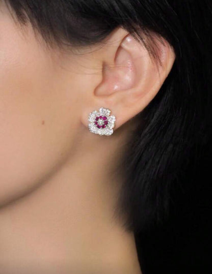 1 Pair Elegant Cubic Zirconia Flower Stud Earrings, Suitable For Women, Can Be Used As Anniversary, Party, Gift.