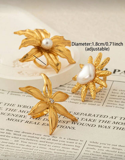 3 Pcs Golden Color Chunky Flower Rings Set For Women Spring Floral Ring Summer Boho Jewelry