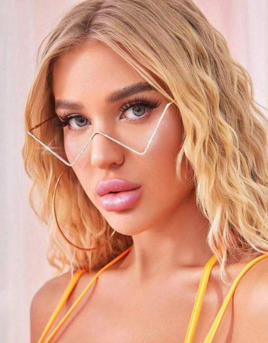 Metal Frame Decorative Hollow Shape, Rhinestone Inlay Shiny Eyeglasses Without Lens