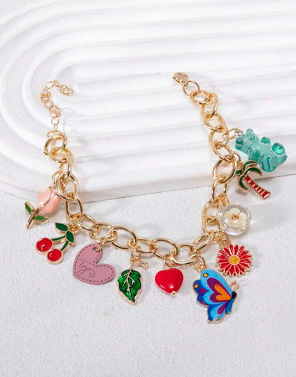 Bracelet With Multiple Charms Including Butterfly, Flower, Heart, Leaf, Cherry, Bear, Epoxy Resin
