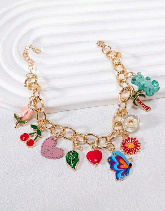 Bracelet With Multiple Charms Including Butterfly, Flower, Heart, Leaf, Cherry, Bear, Epoxy Resin