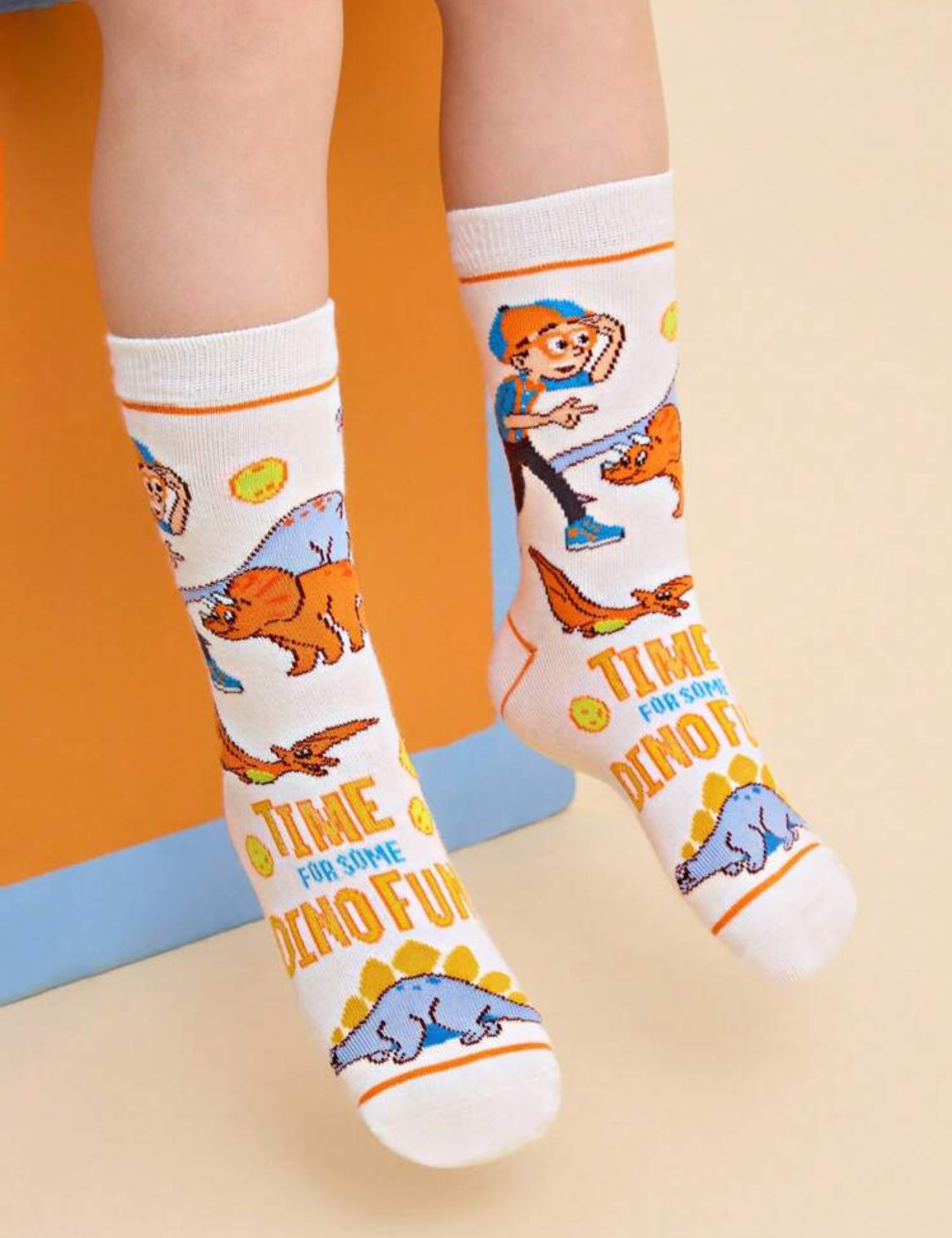 Blippi 4 Pairs Cotton Soft & Breathable Moisture-Wicking Kids Mid-Calf Socks Colorful Cute Cartoon Striped Pattern