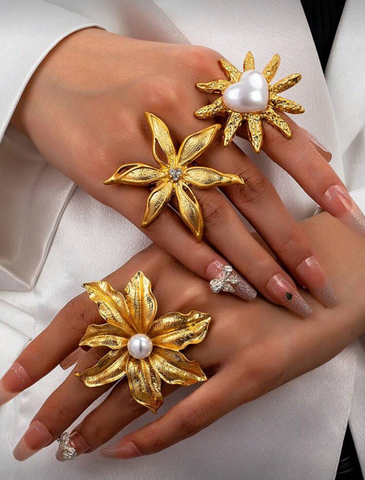 3 Pcs Golden Color Chunky Flower Rings Set For Women Spring Floral Ring Summer Boho Jewelry