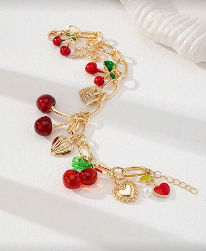 Handmade Golden Cherry Bow Heart Charm Bracelet, Chunky Chain Bracelets, Spring/Summer Jewelry