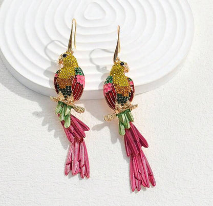 Exaggerated Zinc Alloy Enamel Earrings, Creative Geometric Animal Parrot Rhinestone Dangle Earrings For Women