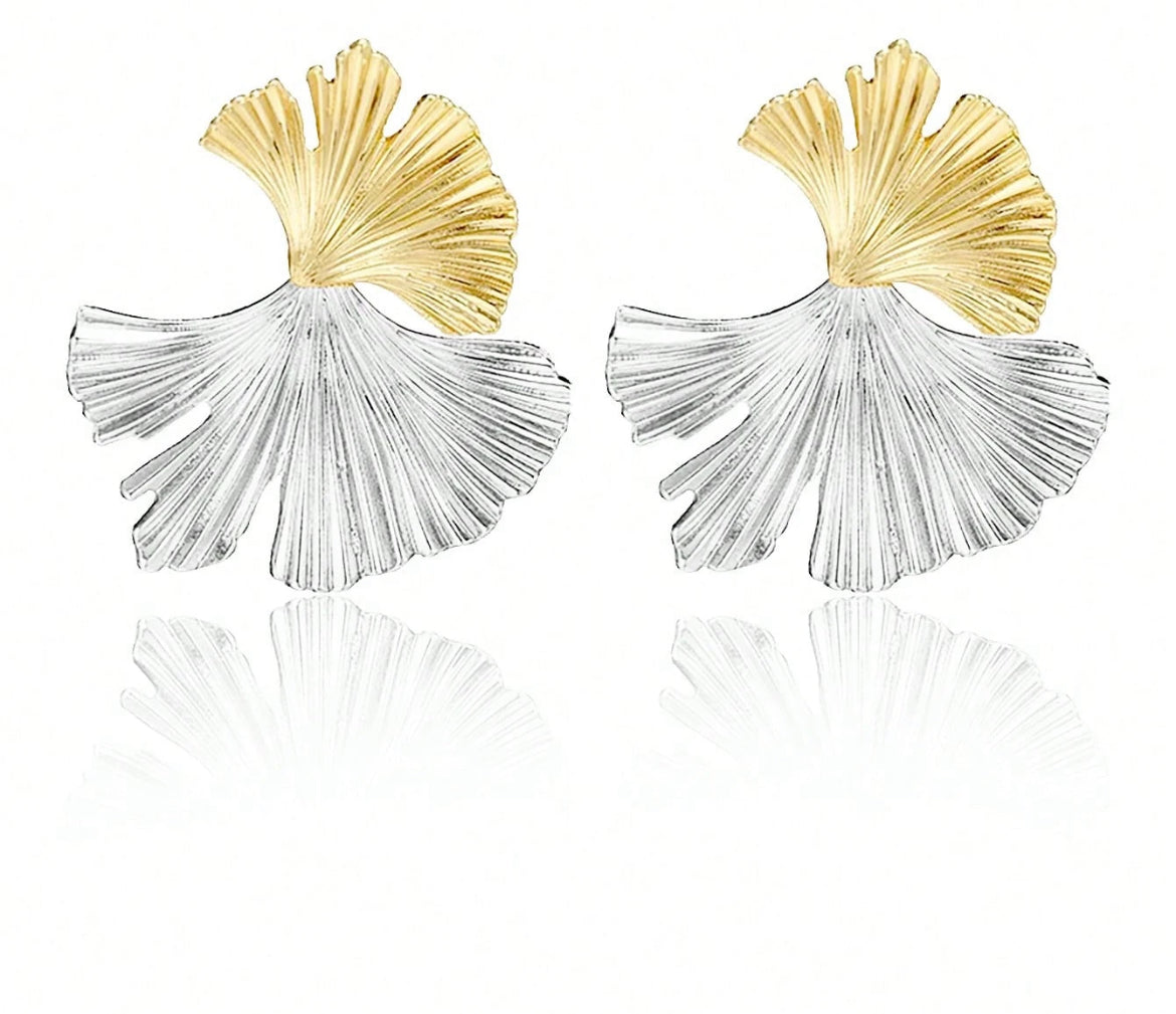 Ginkgo Leaf Earrings With Korean Style Design, Double Leaf Metal Earrings