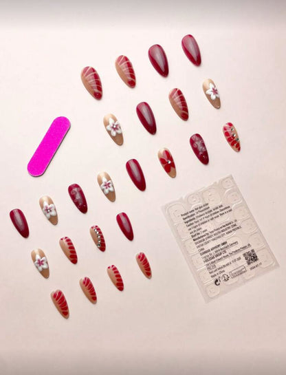 24Pcs/Set Almond Shaped Sweet Floral 3D Water Drop Pattern Full Cover Press-On Fake Nails 1Pc Jelly Gel & 1Pc Nail File Set, Nails