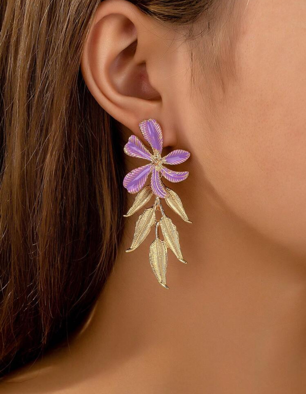 Fashionable Floral Leaf Design Earrings For Women, Elegant & Refined Lavender Color