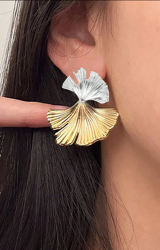 Ginkgo Leaf Earrings With Korean Style Design, Double Leaf Metal Earrings