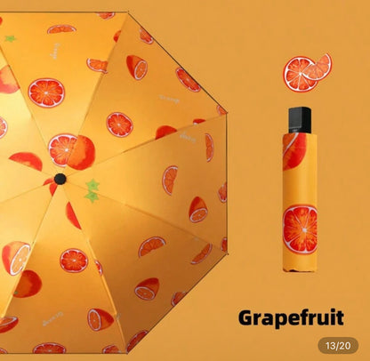 Fully Automatic One-Touch Open Orange/Grapefruit Print Umbrella, 8K Sun Blocking Anti-UV Parasol, Cute Compact Folding Rainproof Umbrella, Suitable For Travel, Wedding Photography, Gift, Water Repellent