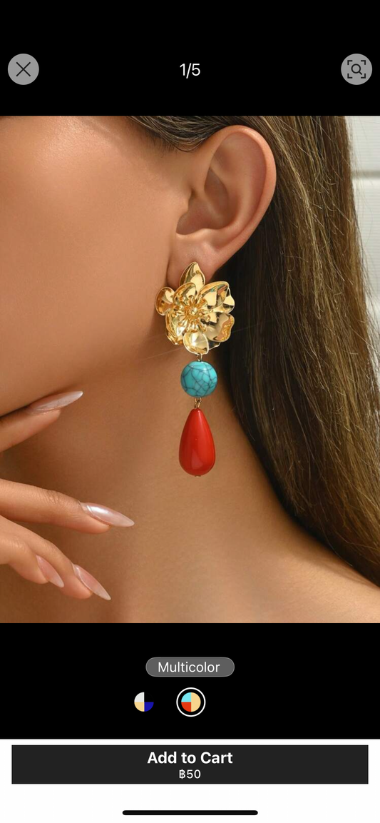 Vintage Bohemian Metal Flower Petal Golden Stamen, Ripple Ceramic Pendant And Asymmetrical Blue Resin Block Combo Earrings
