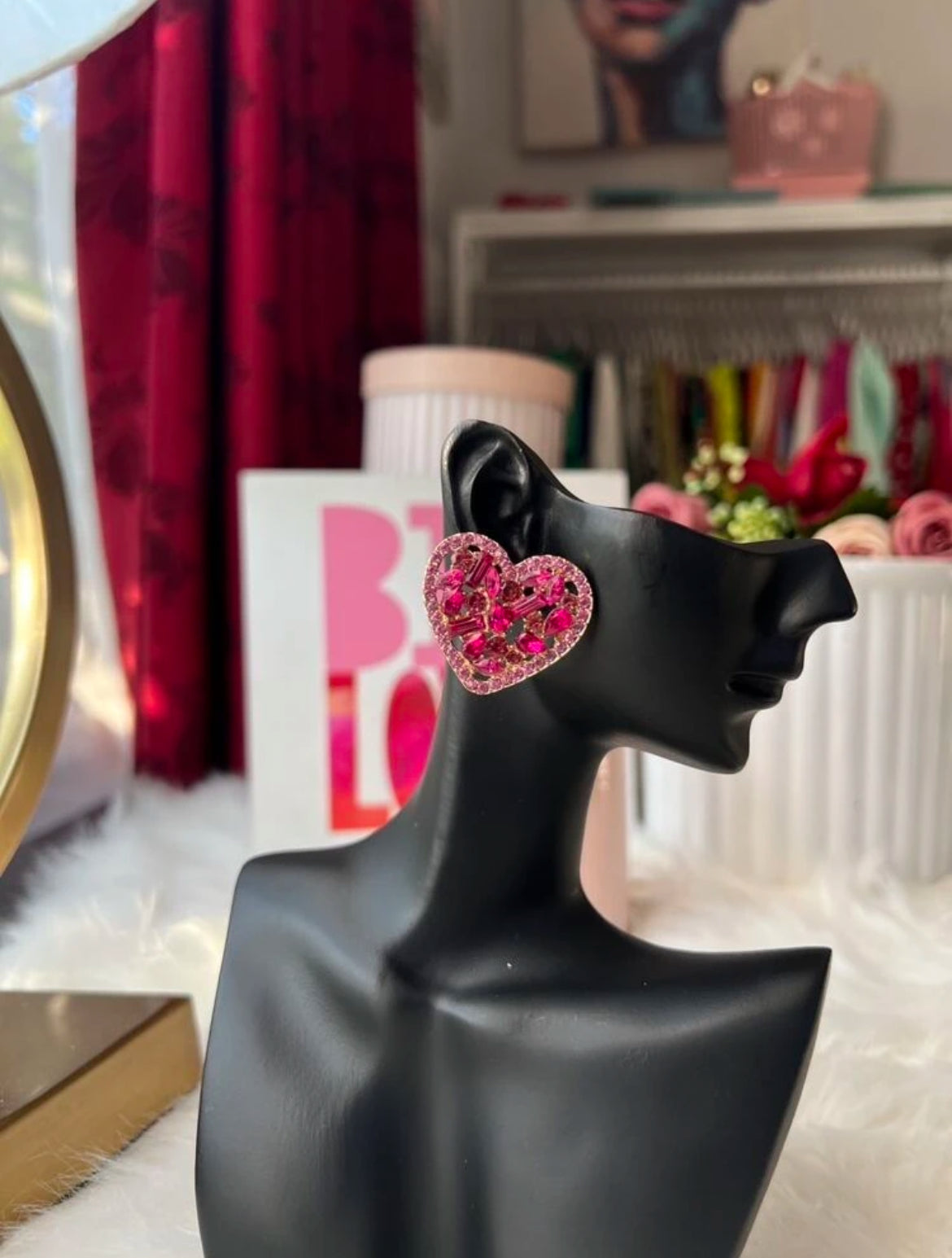 Heart-Shaped Pink Crystal Rhinestone Earrings For Women, Casual Daily Wear Jewelry Accessory, Gift