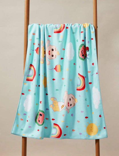 CoComelon Cartoon Character & Rainbow Patterned Kids Blue Bath Towel